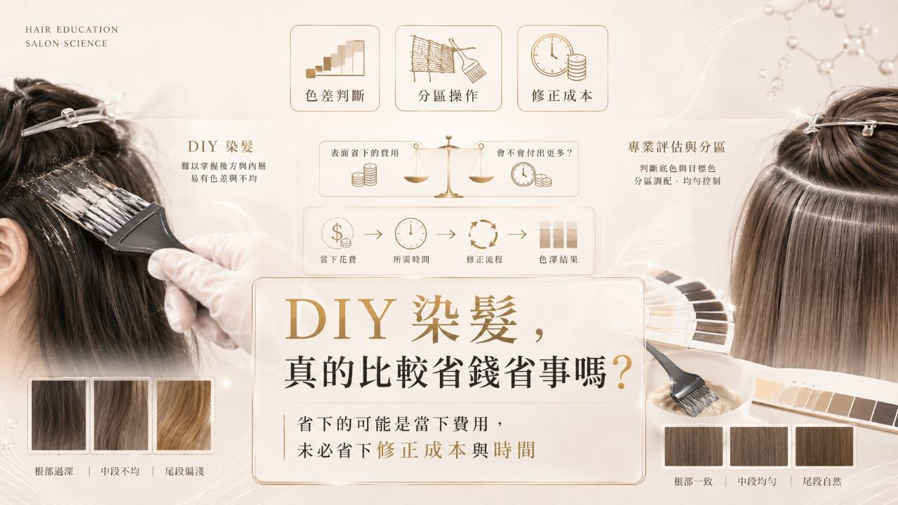 DIY 染髮真的比較省錢省事嗎？色差判斷、分區操作與修正成本比較示意圖