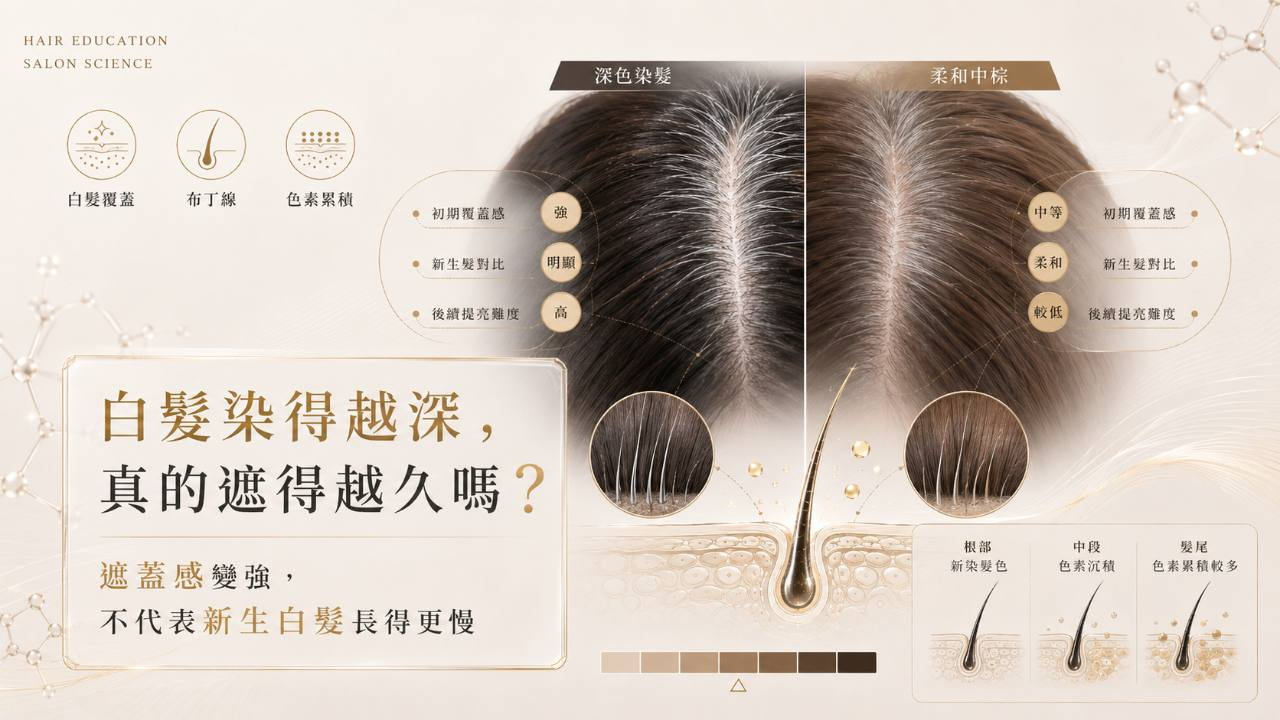 白髮染得越深，真的遮得越久嗎？白髮覆蓋、新生白髮對比與色素累積示意圖