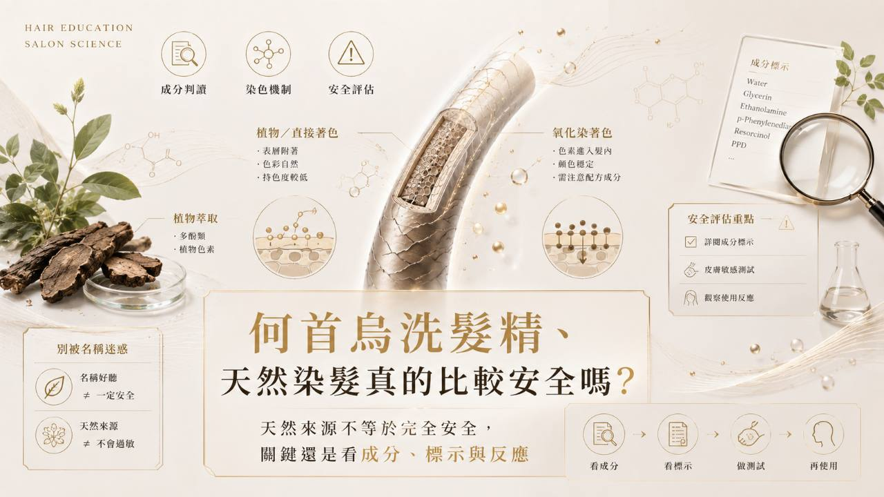 何首烏洗髮精、天然染髮真的比較安全嗎？成分判讀、染色機制與安全評估示意圖